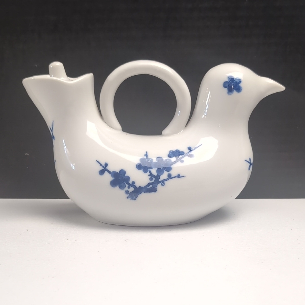 Pier 1 Imports Tea Pot White and Blue Ceramic Bird with Blue Floral Design